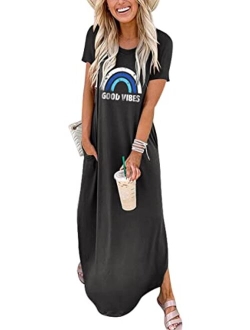 Women's Casual Loose Short Sleeve Long Dress Split Maxi Summer Beach Dress with Pockets