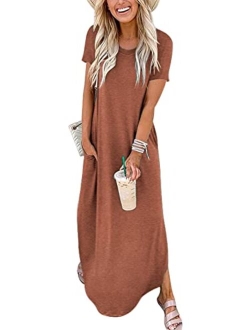 Women's Casual Loose Short Sleeve Long Dress Split Maxi Summer Beach Dress with Pockets