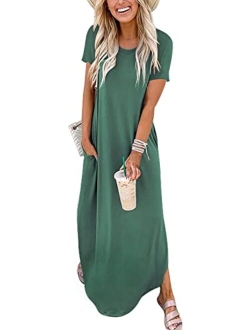 Women's Casual Loose Short Sleeve Long Dress Split Maxi Summer Beach Dress with Pockets