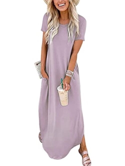 Women's Casual Loose Short Sleeve Long Dress Split Maxi Summer Beach Dress with Pockets