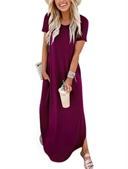 Women's Casual Loose Short Sleeve Long Dress Split Maxi Summer Beach Dress with Pockets