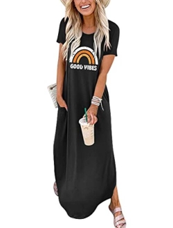 Women's Casual Loose Short Sleeve Long Dress Split Maxi Summer Beach Dress with Pockets