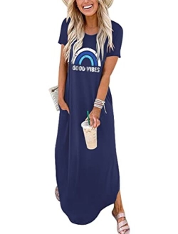 Women's Casual Loose Short Sleeve Long Dress Split Maxi Summer Beach Dress with Pockets