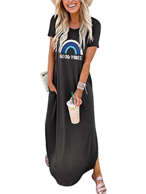 ANRABESS Women's Casual Loose Short Sleeve Long Dress Split Maxi Summer Beach Dress with Pockets