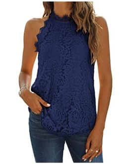 Halife Womens Summer Lace Tank Tops Halter Neck Casual Sleeveless Shirts Dressy Blouse Top