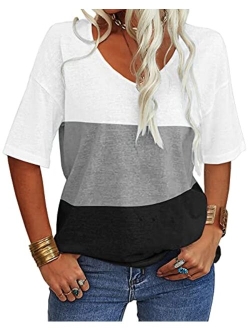 Danedvi Women Fashion V-Neck Half Sleeves Oversized T Shirt Solid Casual Loose Basic Tops