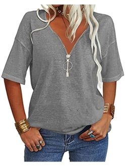 Danedvi Women Fashion V-Neck Half Sleeves Oversized T Shirt Solid Casual Loose Basic Tops