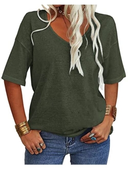 Danedvi Women Fashion V-Neck Half Sleeves Oversized T Shirt Solid Casual Loose Basic Tops