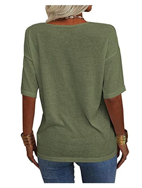 Danedvi Women Fashion V-Neck Half Sleeves Oversized T Shirt Solid Casual Loose Basic Tops