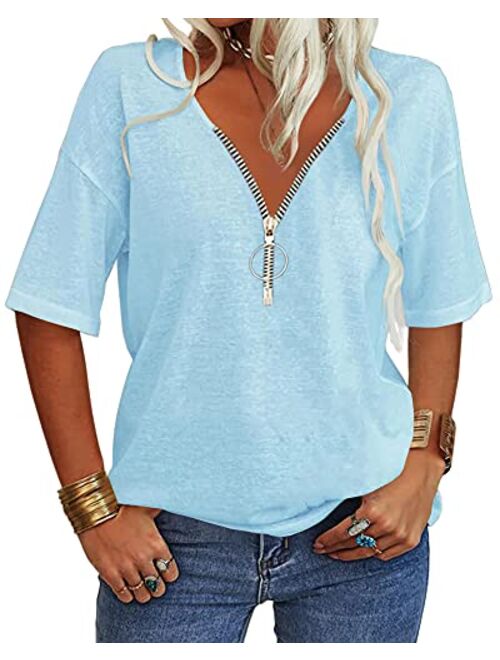 Danedvi Women Fashion V-Neck Half Sleeves Oversized T Shirt Solid Casual Loose Basic Tops