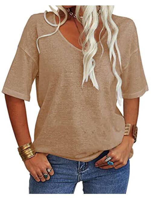 Danedvi Women Fashion V-Neck Half Sleeves Oversized T Shirt Solid Casual Loose Basic Tops