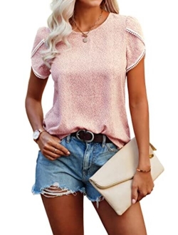 Womens Shirts Summer Casual Crewneck Lace Crochet Short Sleeve Blouses Cute Floral Print Loose Tunic Tops