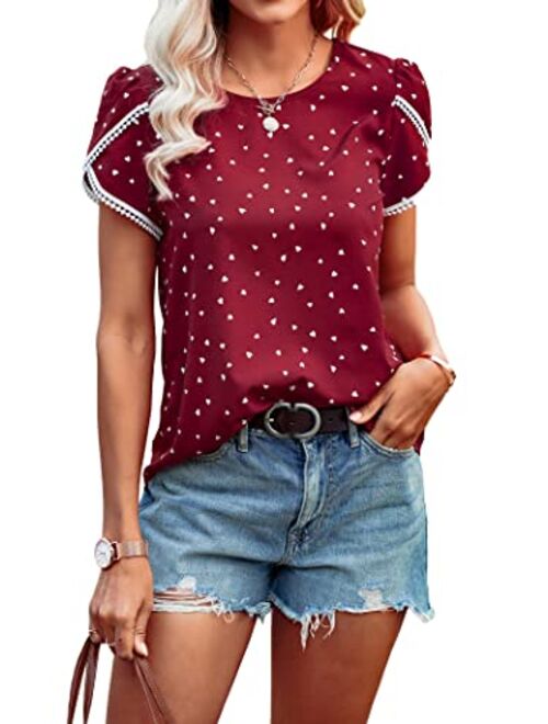 PRETTYGARDEN Women’s Shirts Summer Casual Crewneck Lace Crochet Short Sleeve Blouses Cute Floral Print Loose Tunic Tops