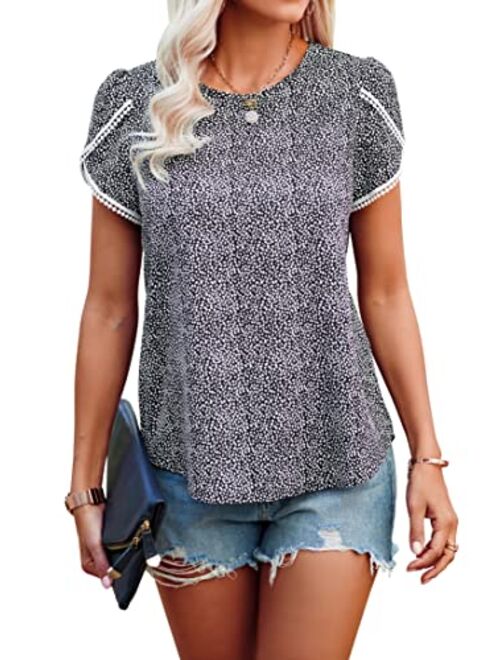 PRETTYGARDEN Women’s Shirts Summer Casual Crewneck Lace Crochet Short Sleeve Blouses Cute Floral Print Loose Tunic Tops