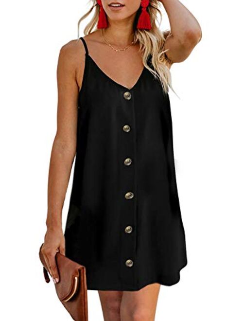 AlvaQ Women Summer Spaghetti Strap Button Down V Neck Sleeveless Casual Mini Dress