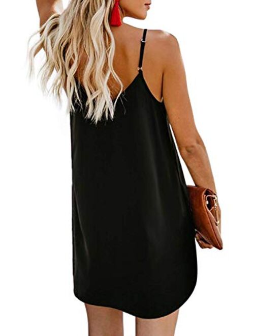 AlvaQ Women Summer Spaghetti Strap Button Down V Neck Sleeveless Casual Mini Dress