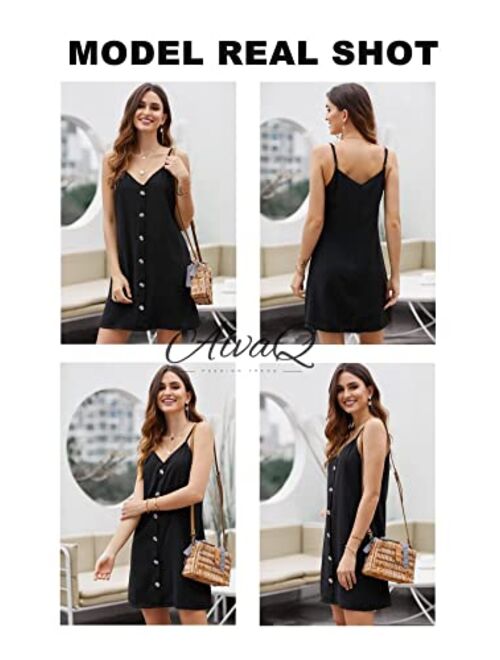 AlvaQ Women Summer Spaghetti Strap Button Down V Neck Sleeveless Casual Mini Dress