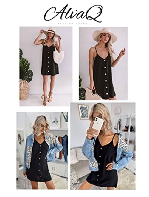 AlvaQ Women Summer Spaghetti Strap Button Down V Neck Sleeveless Casual Mini Dress