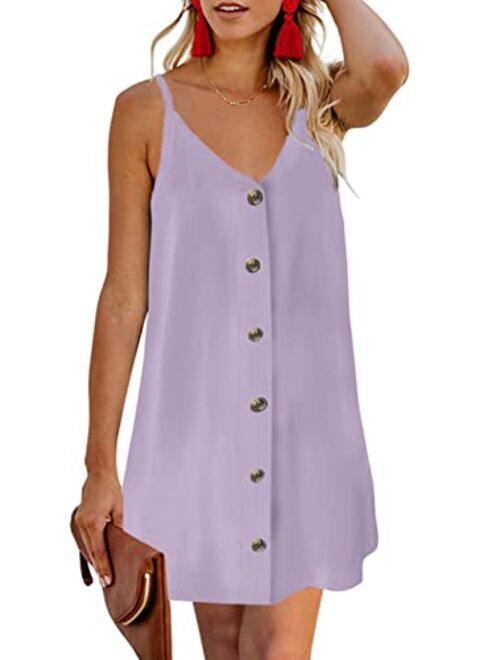 AlvaQ Women Summer Spaghetti Strap Button Down V Neck Sleeveless Casual Mini Dress