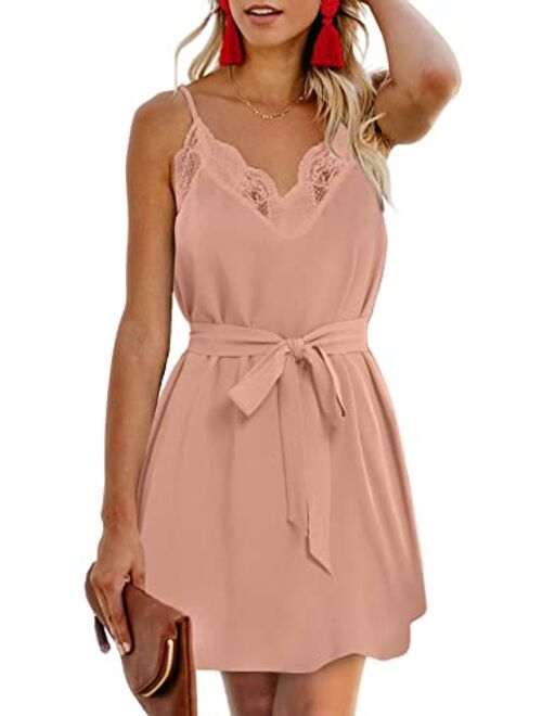 AlvaQ Women Summer Spaghetti Strap Button Down V Neck Sleeveless Casual Mini Dress