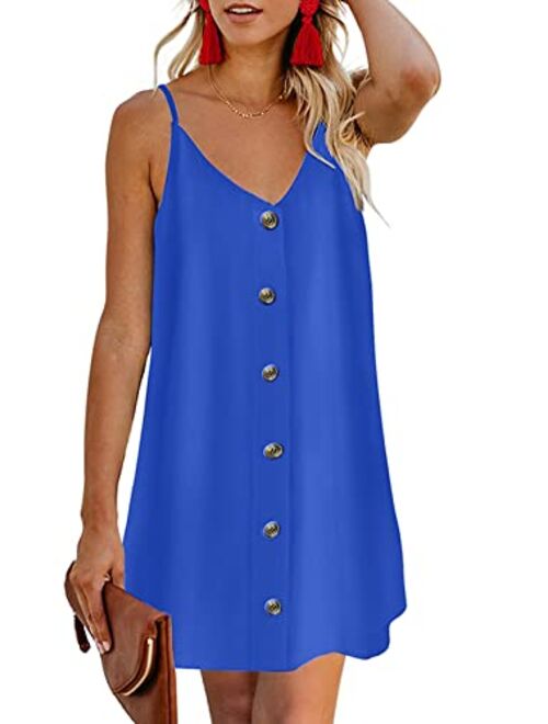 AlvaQ Women Summer Spaghetti Strap Button Down V Neck Sleeveless Casual Mini Dress