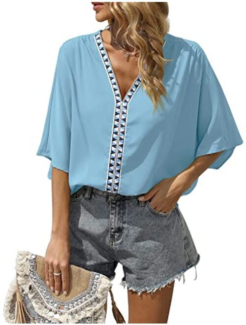 VIISHOW Women's V Neck Chiffon Blouses Summer Oversized 3/4 Bell Sleeve Shirts Boho Casual Tunic Tops