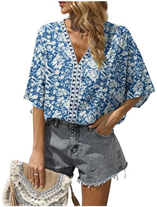 VIISHOW Women's V Neck Chiffon Blouses Summer Oversized 3/4 Bell Sleeve Shirts Boho Casual Tunic Tops