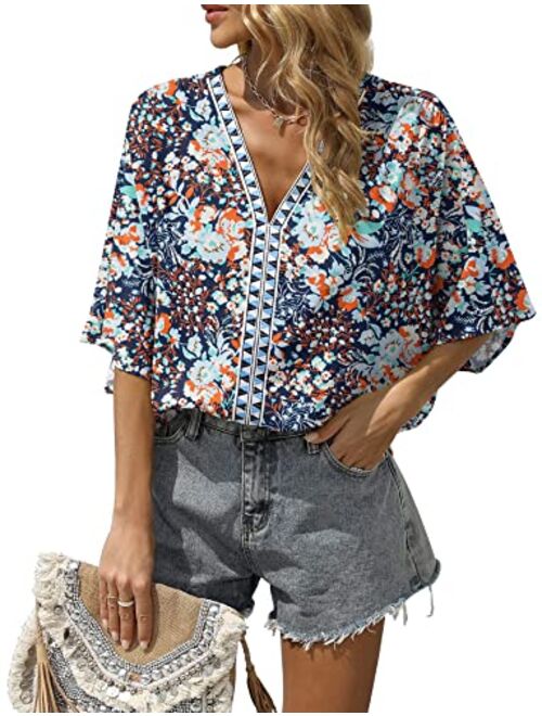 VIISHOW Women's V Neck Chiffon Blouses Summer Oversized 3/4 Bell Sleeve Shirts Boho Casual Tunic Tops