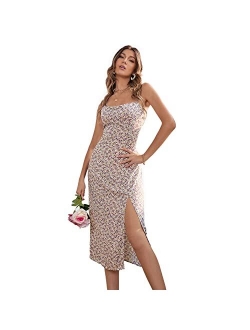 Wdstyle 2022 Women's Summer Dresses Floral Shoulder Adjustable Backless Dresses Floral Print Slit Dresses for Beach Party Clubs