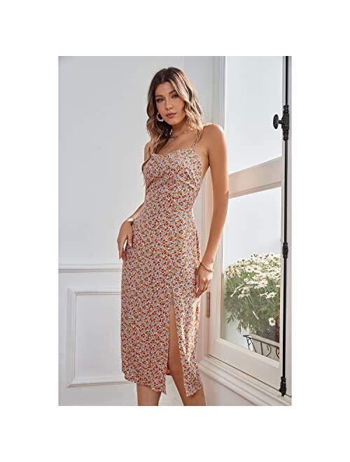 Wdstyle 2022 Women's Summer Dresses Floral Shoulder Adjustable Backless Dresses Floral Print Slit Dresses for Beach Party Clubs