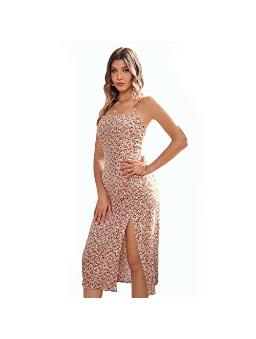 Wdstyle 2022 Women's Summer Dresses Floral Shoulder Adjustable Backless Dresses Floral Print Slit Dresses for Beach Party Clubs