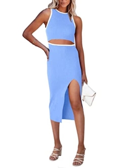 Women's Summer Midi Bodycon Dresses Casual Crew Neck Side Slit Sleeveless Knit Cut Out Tank Top Dress