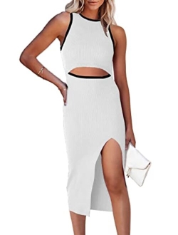 Women's Summer Midi Bodycon Dresses Casual Crew Neck Side Slit Sleeveless Knit Cut Out Tank Top Dress