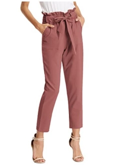 KANCY KOLE Women Paper Bag Pants High Waist with Pockets Tie Casual Cropped Trousers S-XXL