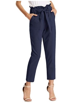 KANCY KOLE Women Paper Bag Pants High Waist with Pockets Tie Casual Cropped Trousers S-XXL