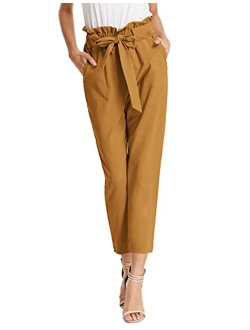 KANCY KOLE Women Paper Bag Pants High Waist with Pockets Tie Casual Cropped Trousers S-XXL