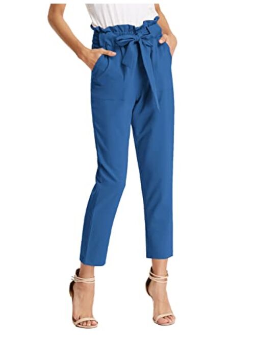 KANCY KOLE Women Paper Bag Pants High Waist with Pockets Tie Casual Cropped Trousers S-XXL