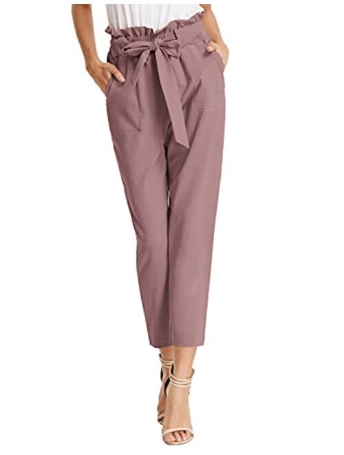 KANCY KOLE Women Paper Bag Pants High Waist with Pockets Tie Casual Cropped Trousers S-XXL