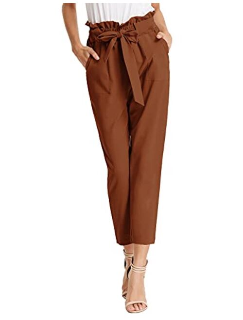 KANCY KOLE Women Paper Bag Pants High Waist with Pockets Tie Casual Cropped Trousers S-XXL