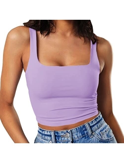 Artfish Women's Sleeveless Strappy Tank Square Neck Double Layer Workout Fitness Casual Basic Crop Tops