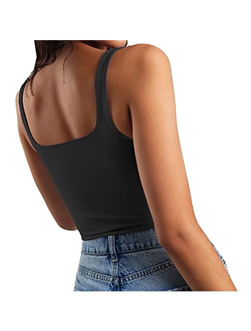 Artfish Women's Sleeveless Strappy Tank Square Neck Double Layer Workout Fitness Casual Basic Crop Tops