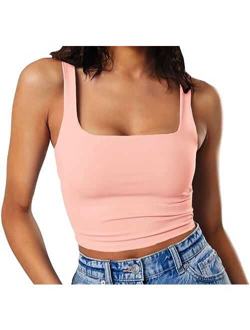 Artfish Women's Sleeveless Strappy Tank Square Neck Double Layer Workout Fitness Casual Basic Crop Tops