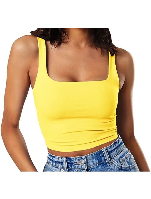 Artfish Women's Sleeveless Strappy Tank Square Neck Double Layer Workout Fitness Casual Basic Crop Tops