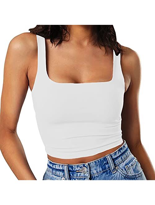 Artfish Women's Sleeveless Strappy Tank Square Neck Double Layer Workout Fitness Casual Basic Crop Tops