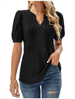 Micoson Womens V Neck Puff Short Sleeve Pleated T Shirts Fashion Summer Tops Casual Tunic Blouse