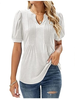 Micoson Womens V Neck Puff Short Sleeve Pleated T Shirts Fashion Summer Tops Casual Tunic Blouse