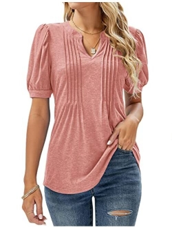 Micoson Womens V Neck Puff Short Sleeve Pleated T Shirts Fashion Summer Tops Casual Tunic Blouse