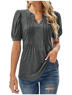 Micoson Womens V Neck Puff Short Sleeve Pleated T Shirts Fashion Summer Tops Casual Tunic Blouse