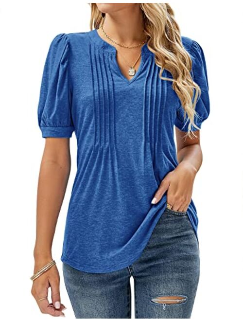 Micoson Womens V Neck Puff Short Sleeve Pleated T Shirts Fashion Summer Tops Casual Tunic Blouse