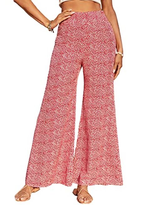 Floerns Women's Floral Print High Waist Beach Wide Leg Palazzo Pants